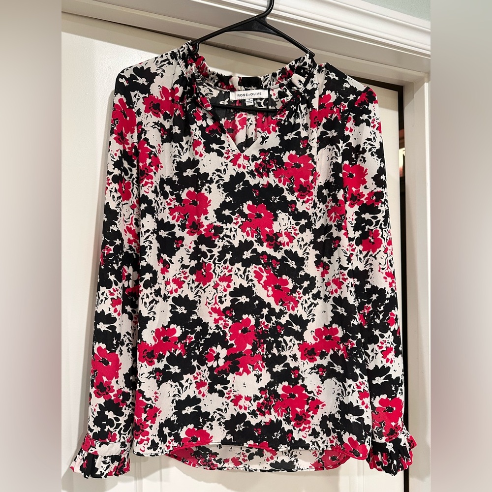 Rose & Olive Floral Blouse - Black, Pink, White